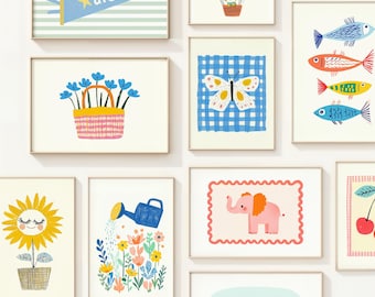 Eklektische Kinderzimmer Kunst zum ausdrucken - 75 skurrile Illustrationen, helle Spielzimmer Poster, Retro Kinder Wandkunst, bunte Tierposter