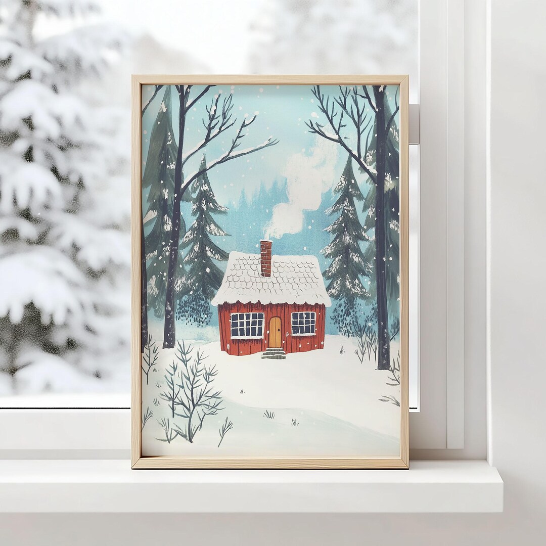 Snowy Winter Cabin Print - Digital Download Christmas Decoration ...