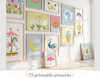 May include: A collection of framed art prints with whimsical illustrations, including a pink house, a watermelon slice, a butterfly, a dog, and a carousel. The prints are displayed on a white wall. Text: 75 printable artworks, Whimsical Kids Room.