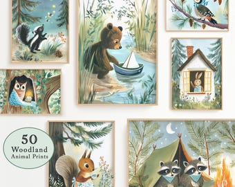 50 Woodland Animal Vintage Storybook Prints - Digital Kids Room Illustrations, Nursery Wall Decoration