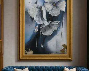 Impresión artística floral en lienzo, pintura de flores azules y doradas, decoración de pared moderna