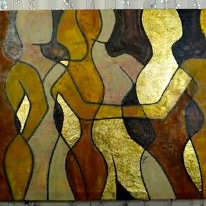 Puede incluir: Pintura abstracta que presenta figuras estilizadas en tonos marr&oacute;n, dorado y beige. La obra de arte representa m&uacute;ltiples figuras con formas alargadas, creando una sensaci&oacute;n de movimiento e interacci&oacute;n. La pintura est&aacute; sobre lienzo.
