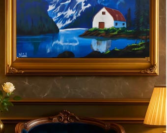 Pintura acrílica personalizada de paisaje de montaña / Pico nevado y cabaña en el lago