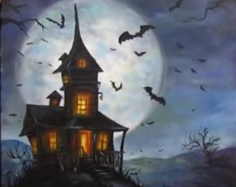 Lienzo acrílico de Halloween / Casa embrujada espeluznante, arte mural navideño