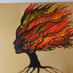 Puede incluir: Pintura abstracta sobre lienzo que representa un perfil de rostro con una estructura arb&oacute;rea. El rostro es negro y el follaje del &aacute;rbol es una mezcla de rojo, naranja, amarillo y verde. El fondo es de color beige claro.