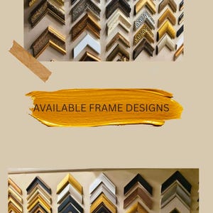 Puede incluir: Exhibici&oacute;n de varias muestras de esquinas de marcos de fotos en oro, plata, negro, blanco y marr&oacute;n. Los marcos tienen dise&ntilde;os ornamentados y sencillos. El texto "AVAILABLE FRAME DESIGNS" se muestra en dorado.