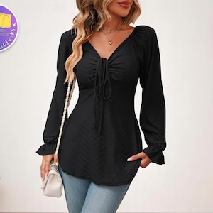 V-Neck Long Sleeve Blouse for Women | Loose Fit Drawstring Tunic Top | Lightweight Casual Shirt | A-Line Tee for All Seasons
