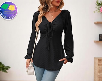 Soepelvallende tuniektop met V-hals: lichtgewicht blouse met lange mouwen