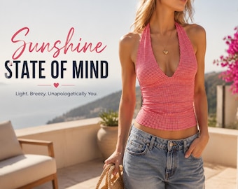 Women’s Halter Crop Top | Plaid Heart Print V-Neck Cami | Sweet Coquette Sleeveless Summer Tank