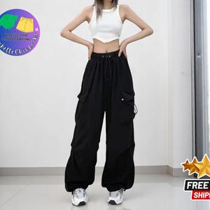Women’s Streetwear Joggers | Y2K Wide Leg Pants | Oversize Low Waist Fit | Baggy Drawstring Trousers | Tech Style Bottoms