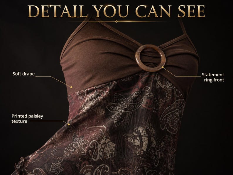 Op de afbeelding: Een bruine mouwloze top met een opvallende ring in het midden van de halslijn, een zachte drapering en een geprinte paisley-textuur. De afbeelding bevat de tekst DETAIL YOU CAN SEE, Soft drape, Statement ring front en Printed paisley texture.