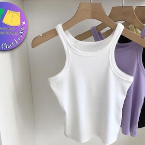 Camiseta de tirantes acanalada para mujer / Camisola corta de verano / Camisa informal sin mangas / Tejido elástico suave / Múltiples opciones de color