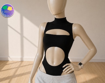 Women's Black Cutout Bodysuit | Sleeveless Backless Slim Fit Streetwear Top