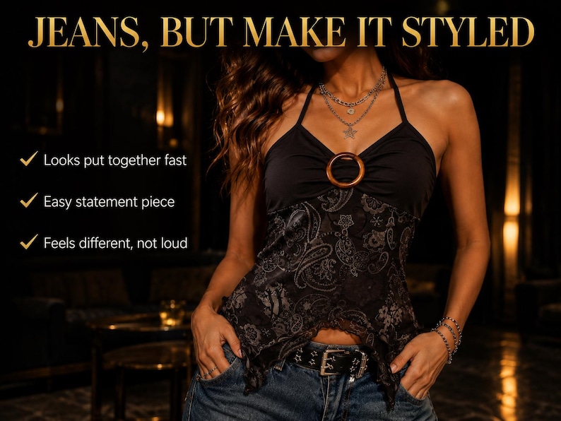 Op de afbeelding: Een zwarte haltertop met een houten ring in het midden van de halslijn en een donkergrijs paisley-patroon op het onderste gedeelte. De tekst JEANS, BUT MAKE IT STYLED staat bovenaan, met opsommingstekens voor de kenmerken aan de linkerkant.