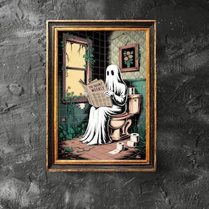 Ghost Reading A Newspaper on Toilet Poster, Spooky Book Decor, Vintage Ghost Art Poster, Bathroom Halloween Decor, Digital Download