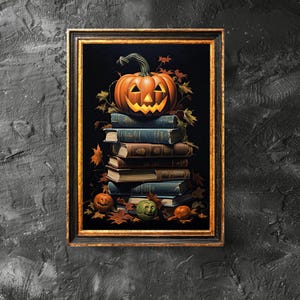 Jack O Lantern on A Stack of Book, Dark Academia, Pumpkin Lover Gift, Book Art, Halloween Decor, Digital Download