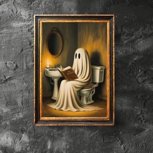 Ghost Reading Book on Toilet Poster, Toilet Wall Art, Vintage Ghost Art Poster, Bathroom Halloween Decor, Digital Download