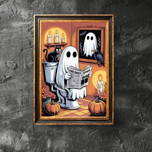 Ghost Reading A Newspaper on Toilet Poster, Spooky Book Decor, Vintage Ghost Art Poster, Bathroom Halloween Decor, Digital Download