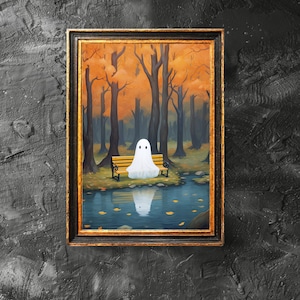 Ghost is Sitting on the Bench Poster, Spooky Wall Art, Vintage Ghost Painting, Halloween Printable Art, Digital Download