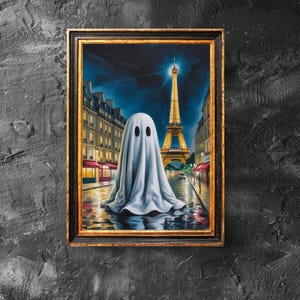 Ghost Standing Alone in Paris Poster, Spooky Cute Ghost, Dark Academia, Eiffel Tower Halloween Print, Halloween Decor, Digital Download