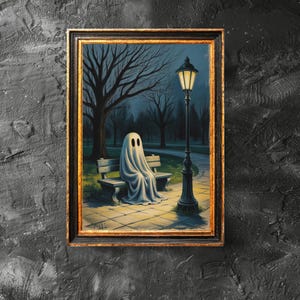 Ghost is Sitting on the Bench Poster, Spooky Wall Art, Vintage Ghost Painting, Halloween Printable Art, Digital Download