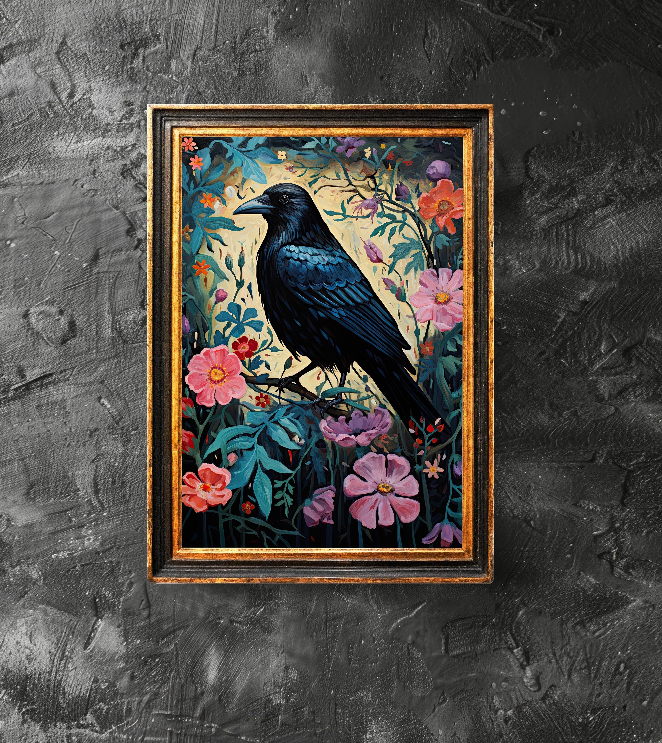 Black Crow With Flowers, Black Crow Art, Crow Lover Gift, Gothic Victorian Crow, Dark Academia, Vintage Poster, Digital Download