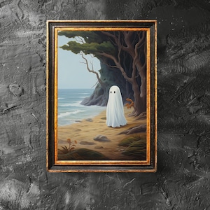 Affiche fantôme sur la plage, art mural effrayant, affiche fantôme d&#39;Halloween, art imprimable Halloween, décoration murale côtière, téléchargement numérique