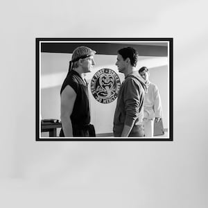 Cobra Kai-poster, Cobra Kai-filmposter, iconische filmposter, filmscènes muurkunst, zwart-wit, afdrukbare retro muurkunst