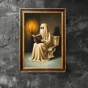 Ghost Reading Book on Toilet Poster, Toilet Wall Art, Vintage Ghost Art Poster, Bathroom Halloween Decor, Digital Download