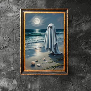 Affiche fantôme sur la plage, art mural effrayant, affiche fantôme d&#39;Halloween, art imprimable Halloween, décoration murale côtière, téléchargement numérique
