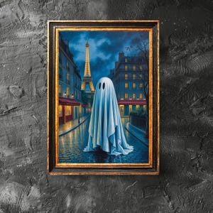 Ghost Standing Alone in Paris Poster, Spooky Cute Ghost, Dark Academia, Eiffel Tower Halloween Print, Halloween Decor, Digital Download