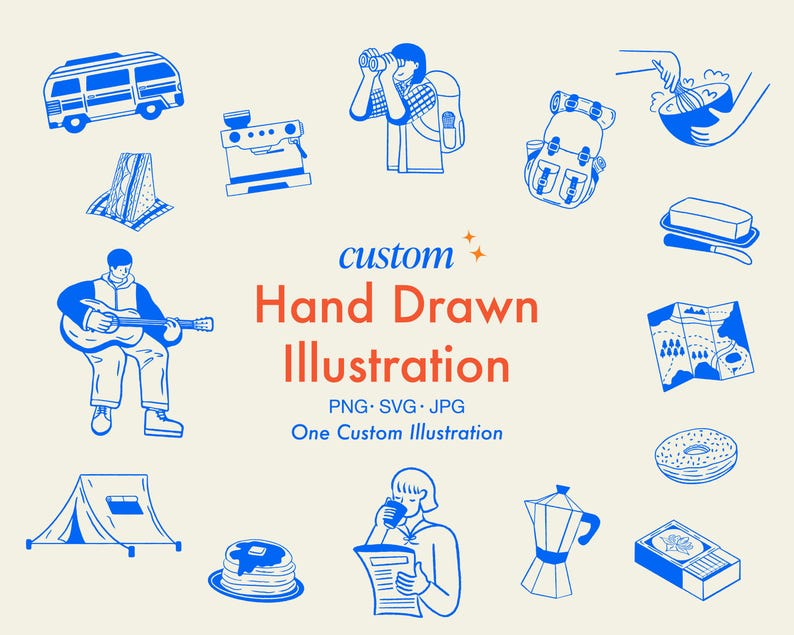 May include: A collection of blue and white hand-drawn illustrations on a cream background. The illustrations include a camper van, a person with binoculars, a backpack, a guitar player, a tent, pancakes, a map, a coffee maker, and other camping and travel-themed objects. Text reads "custom Hand Drawn Illustration".