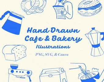 Hand-Drawn Cafe & Bakery Illustration Set: Whimsical Line Art (PNG, SVG)