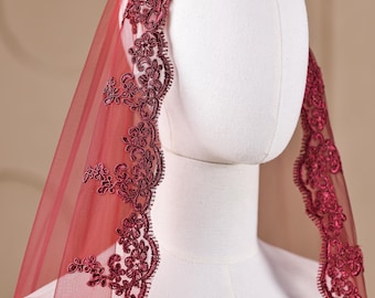 Mantilla Veil Lace Edge• Burgundy Veil for Wedding • Wine Red Bridal Veil With Comb • Classic Bride Vintage Embroidery Veil Appliques Custom