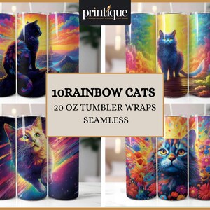 Rainbow Cats 2 Becher | 20 Unzen Sublimation PNG | Bunter Katzenliebhaber Cup Wrap | Nahtloser digitaler Download für den Sublimationsdruck