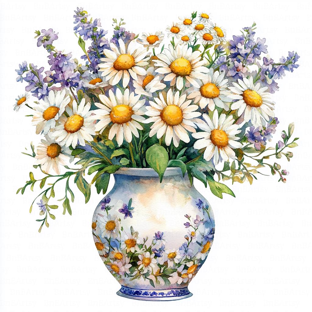 11 Daisies in Floral Vase Clipart, White Daisy, Printable Watercolor ...
