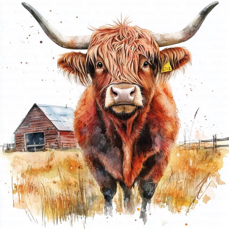 12 Rustic Highland Cow Clipart, Farm Barn Clipart, Countryside Clipart, Printable Watercolor Clipart, High Quality JPGs, Digital Download, Paper Craft, Junk Journals, Scrapbooking, Commercial Use, Instant Download - 04