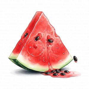 May include: A watercolour illustration of a juicy watermelon slice. The red flesh is dripping with juice, and black seeds are scattered around. The rind is green and white, creating a refreshing summer theme.
