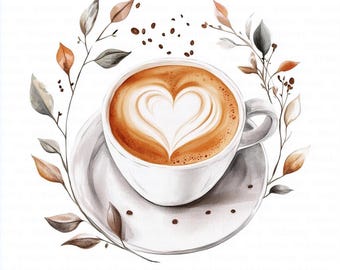 12 Coffee Latte Clipart, Heart Coffee Cup, Printable Watercolor Clipart, High Quality JPGs, Digital Download, Paper Craft, Junk Journals