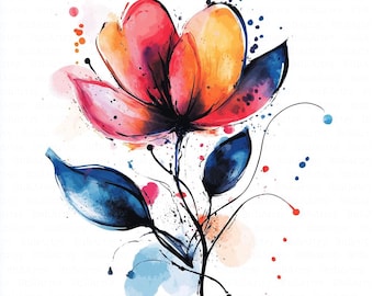 May include: Watercolor painting of a vibrant flower with pink, orange, and red petals. The flower has dark blue leaves and a black stem. Splatters of blue, red, and orange paint surround the flower on a white background.