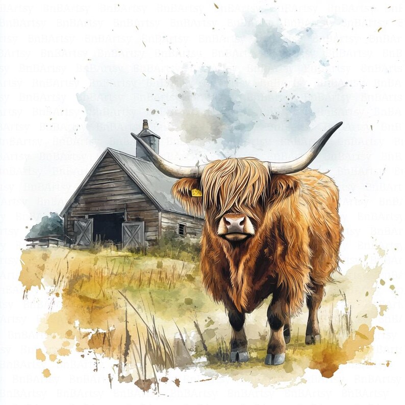 12 Rustic Highland Cow Clipart, Farm Barn Clipart, Countryside Clipart, Printable Watercolor Clipart, High Quality JPGs, Digital Download, Paper Craft, Junk Journals, Scrapbooking, Commercial Use, Instant Download - 09
