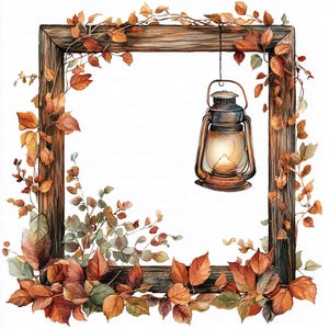 Puede incluir: Ilustración en acuarela de un marco de madera rústico adornado con hojas de otoño en tonos naranja, marrón y verde. Una linterna vintage cuelga de la parte superior, añadiendo un brillo cálido y acogedor. La obra evoca un tema otoñal y acogedor.