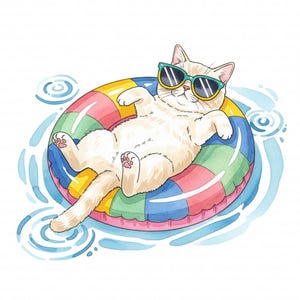 May include: A watercolor illustration of a relaxed cat wearing sunglasses, floating on a colorful inflatable ring in water. The ring has sections of red, pink, yellow, green, and blue. The cat is light beige with pink paws.