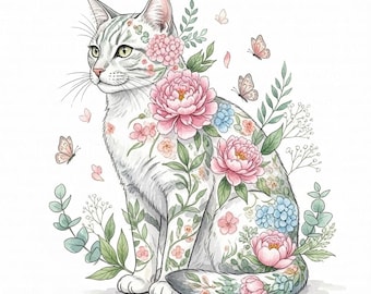 Floral Cat Clipart, 10 Printable Watercolor Kitty Images (Digital Download, Commercial Use JPGs)