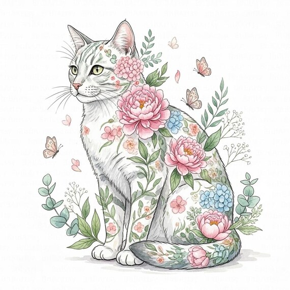花柄の猫のクリップアート、印刷可能な水彩画風の猫の画像10枚