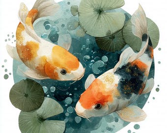 11 imágenes prediseñadas de parejas de peces koi, koi japonés, imágenes prediseñadas de peces, imágenes prediseñadas de acuarela imprimibles, JPG de alta calidad, descarga digital, manualidades en papel, diario