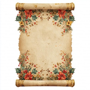 May include: A vintage-style scroll with a cream-colored background, adorned with floral arrangements. The scroll is decorated with red poinsettias, green holly leaves, and berries. The edges are rolled and embellished with gold accents, creating a festive, antique aesthetic.