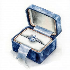 以下が含まれることがあります： 青いベルベットのリングケースに入ったダイヤモンドの婚約指輪の水彩イラスト。リングは、大きなラウンドカットのダイヤモンドと、小さなアクセントダイヤモンドが付いたバンドが特徴です。ボックスは開いており、白い内側が見えます。