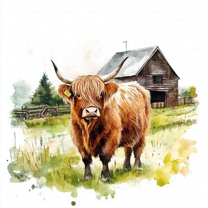 12 Rustic Highland Cow Clipart, Farm Barn Clipart, Countryside Clipart, Printable Watercolor Clipart, High Quality JPGs, Digital Download, Paper Craft, Junk Journals, Scrapbooking, Commercial Use, Instant Download - 08