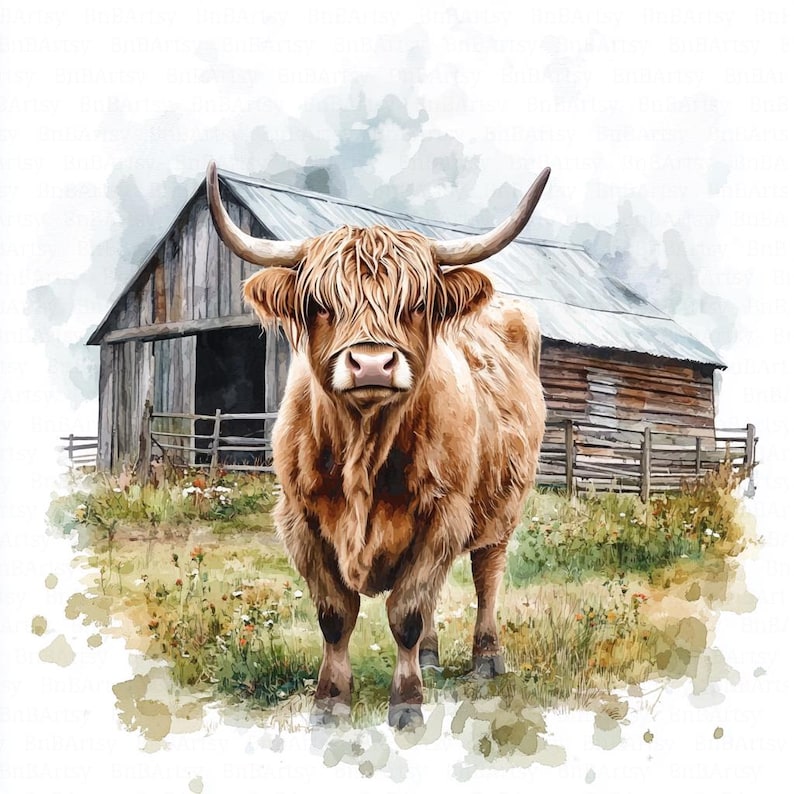 12 Rustic Highland Cow Clipart, Farm Barn Clipart, Countryside Clipart, Printable Watercolor Clipart, High Quality JPGs, Digital Download, Paper Craft, Junk Journals, Scrapbooking, Commercial Use, Instant Download - 01